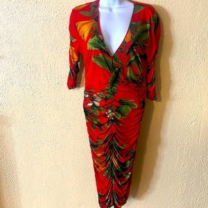 Bright red green leaf dress